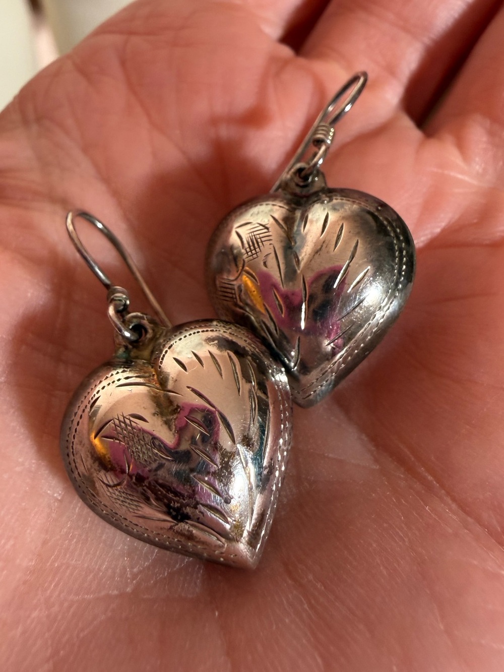 Vintage .925 Southwestern etched puffy heart oversized earrings festival western
